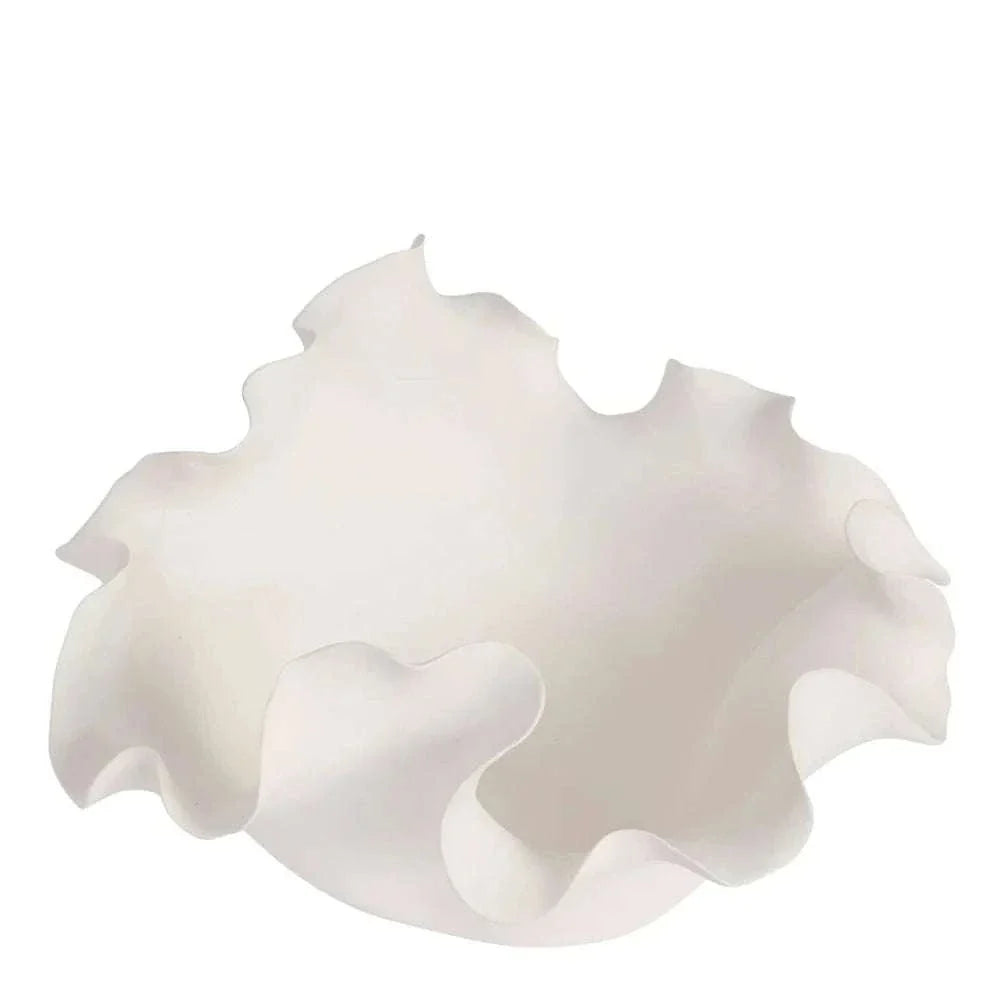 White sculptural Heather Decorative Bowl made of ceramic with a wavy organic shape and neutral finish, 33cm diameter and 17cm height, perfect as a centerpiece or fruit bowl.