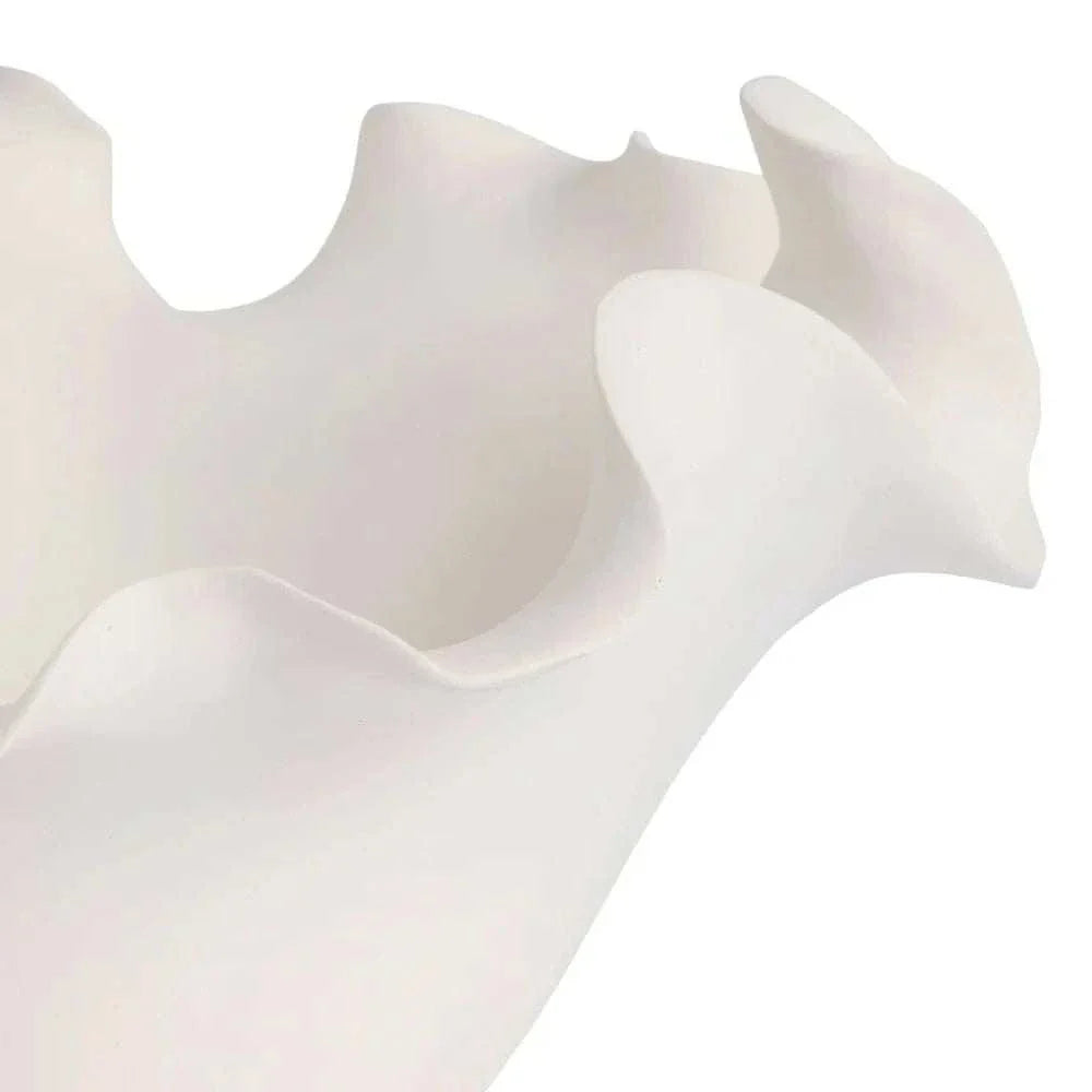 White sculptural Heather Decorative Bowl made of ceramic with organic wavy edges, 33cm diameter x 17cm height, ideal as a centerpiece or stylish fruit bowl.