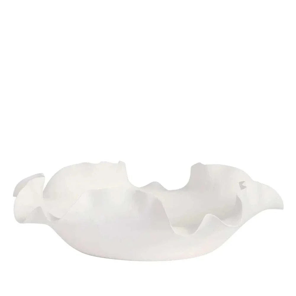 White Nicole Decorative Bowl with ruffled edges and organic flowing ceramic design, 30cm diameter, handcrafted centerpiece