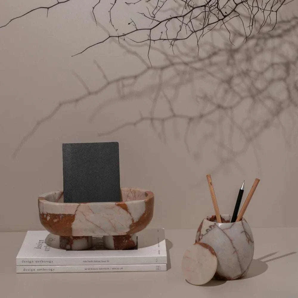 CoTheory Marble Footed Oval Tray in Brown Calacatta with sculptural stone design and artistic appeal