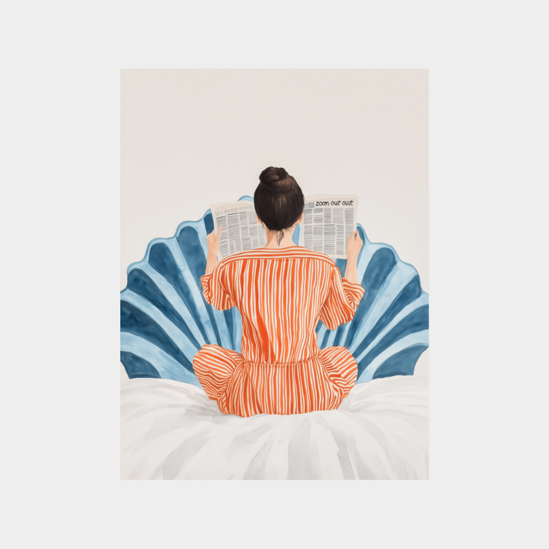 digital print of person in orange striped pajamas reading newspaper with blue shell-shaped background