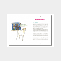 Open book showing introduction of Tacos By Lily Ramirez-Foran with illustration of a white goat and a blue house.