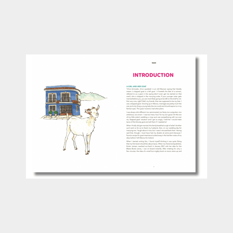 Open book showing introduction of Tacos By Lily Ramirez-Foran with illustration of a white goat and a blue house.