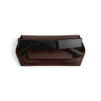 Slim brown Fox and Leo glasses case made of 100% leather with magnetic closure and protective microfiber lining