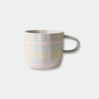 Robert Gordon hand-painted ceramic mug with pastel tartan plaid design and sturdy handle