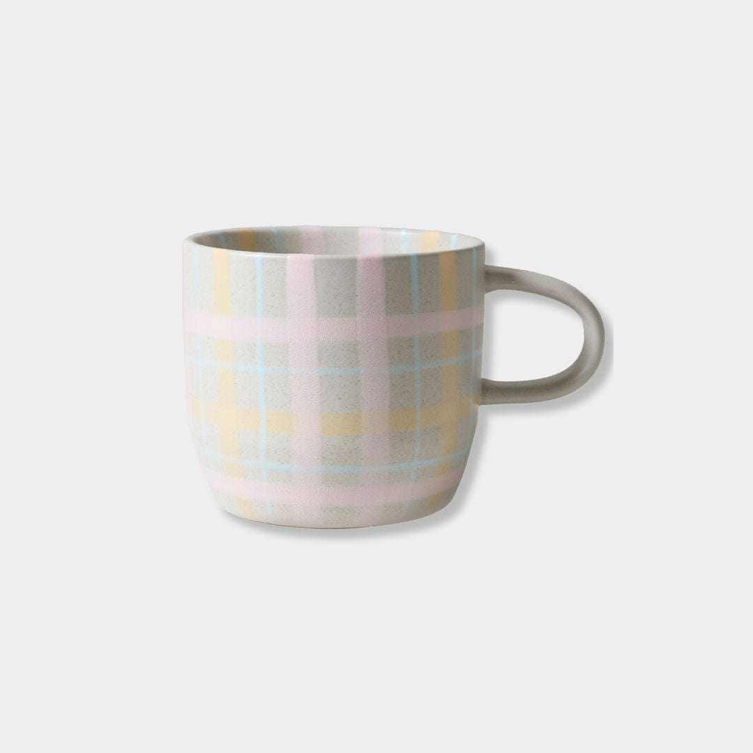 Robert Gordon hand-painted ceramic mug with pastel tartan plaid design and sturdy handle