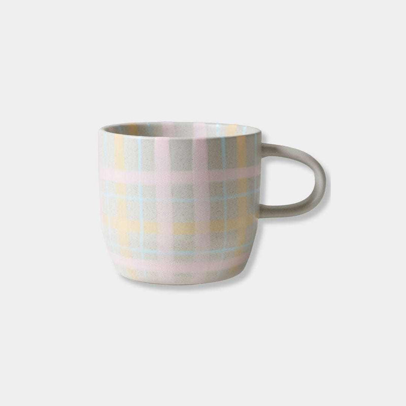 Robert Gordon hand-painted ceramic mug with pastel tartan plaid design and sturdy handle