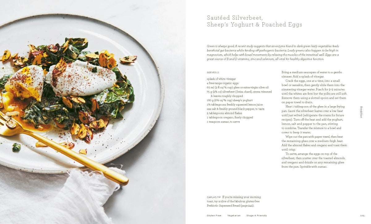 The Beauty Chef Gut Guide recipe page with sautéed silverbeet, sheep's yoghurt, and poached eggs on a white plate