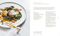 The Beauty Chef Gut Guide recipe page with sautéed silverbeet, sheep's yoghurt, and poached eggs on a white plate