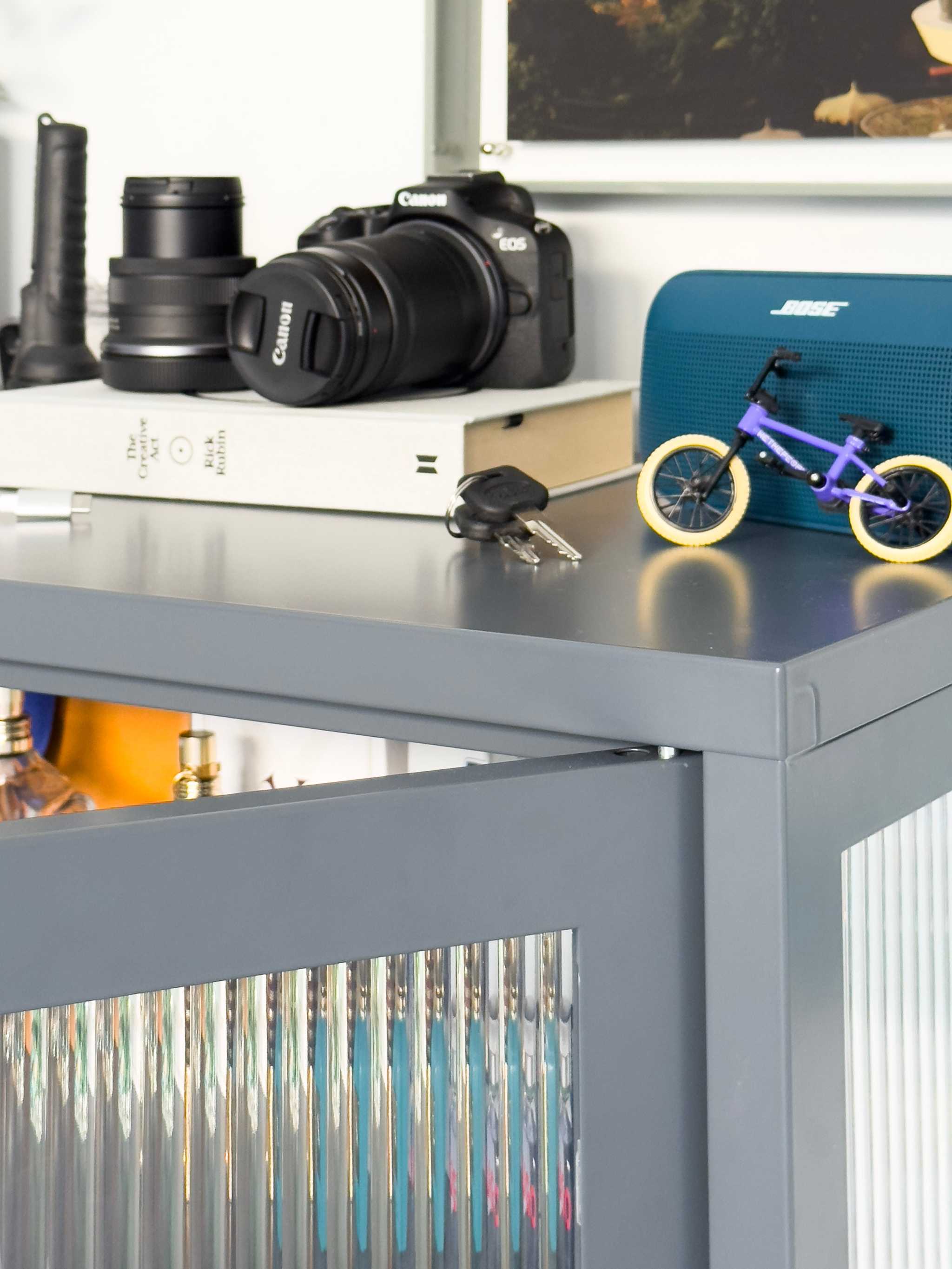 Mustard Made Locker The Mixer slate powder coated steel fluted glass cabinet with adjustable shelves and medallion handles