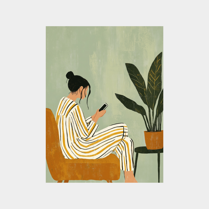 Woman in striped pajamas sitting on chair looking at phone digital download art print Time Out