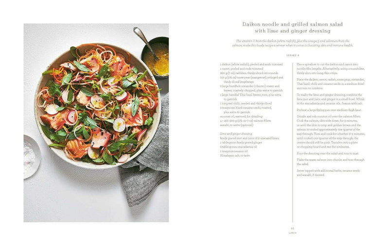 Healthy daikon noodle and grilled salmon salad recipe from The Beauty Chef by Carla Oates book