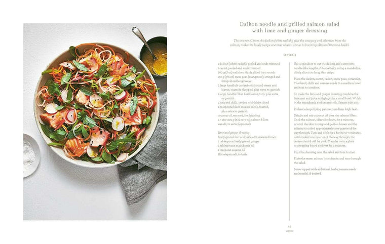 Healthy daikon noodle and grilled salmon salad recipe from The Beauty Chef by Carla Oates book