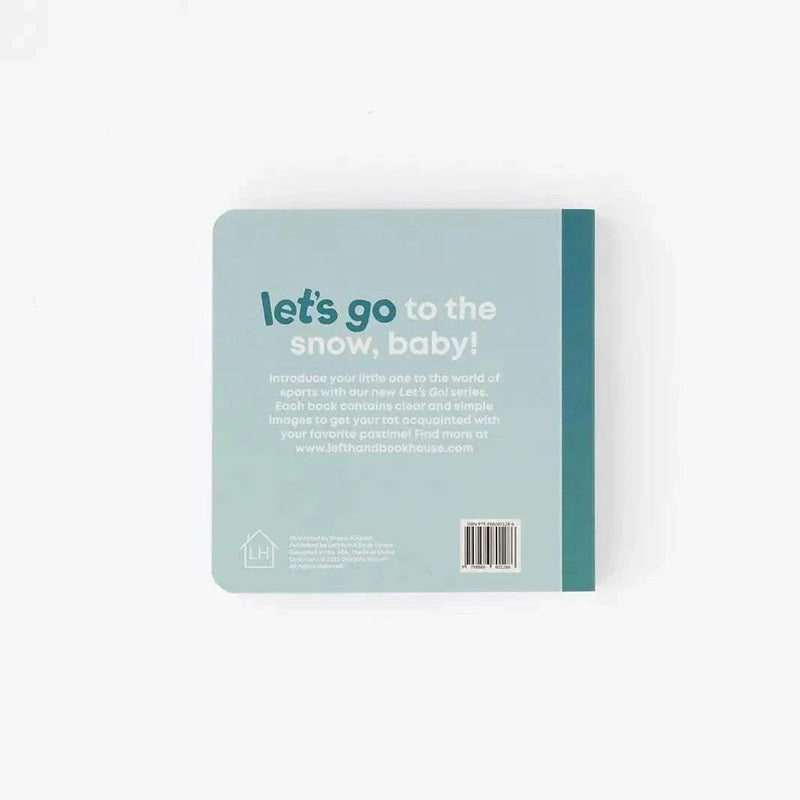 Back cover of "Left Hand Book House - Snow Baby" board book for ages 0-4 with simple text and barcode on light blue background