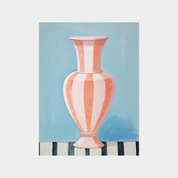 downloadable digital print of a striped pink and white vase against a blue background