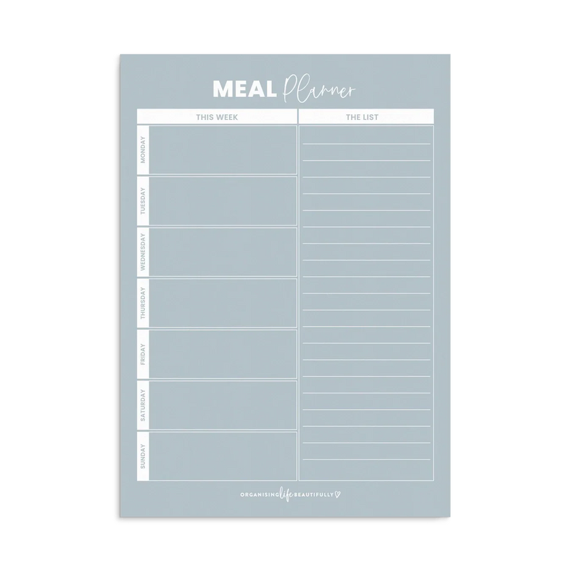 Sky blue A4 magnetic meal planner for weekly meal organization and grocery lists on the fridge