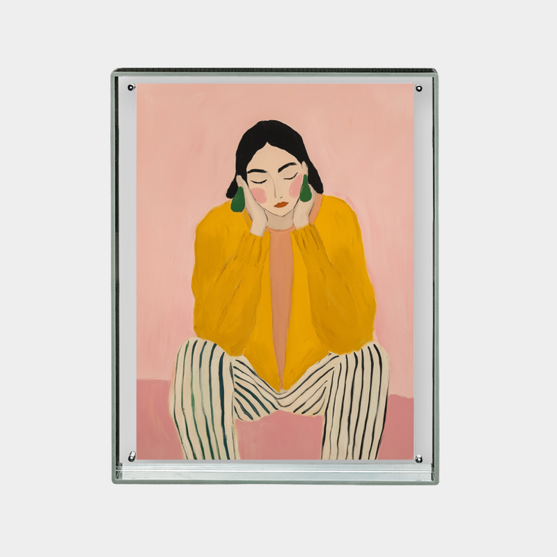 I Heart Fashion downloadable digital print of a woman in a mustard jacket and striped pants on a pink background