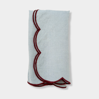 norsu Studio Linen scallop-edged blue napkin with deep burgundy border, set of 4