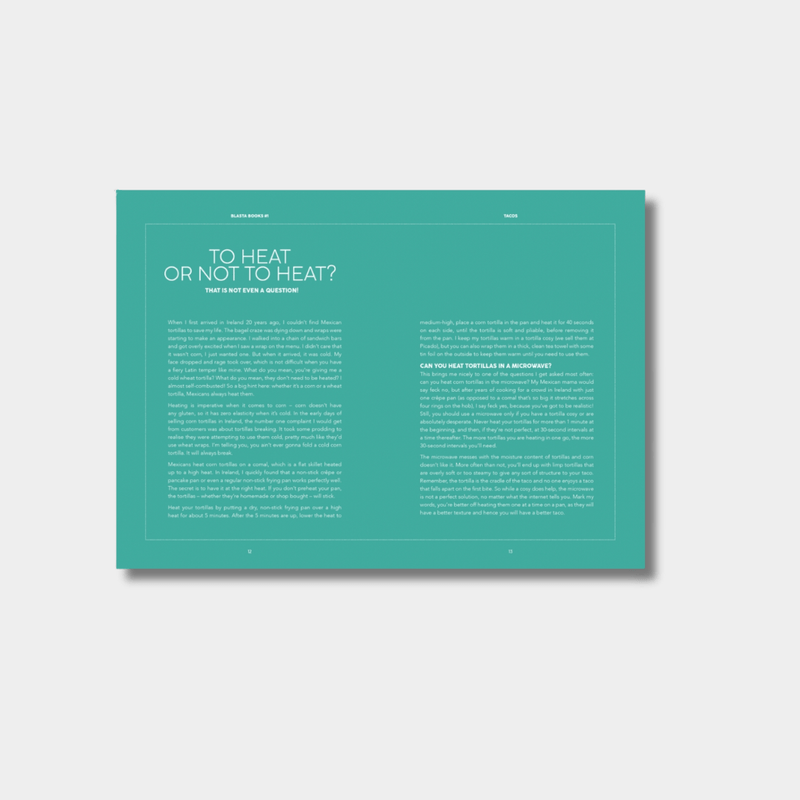 Open cookbook spread with teal background featuring text about heating tacos and tortilla preparation by Lily Ramirez-Foran
