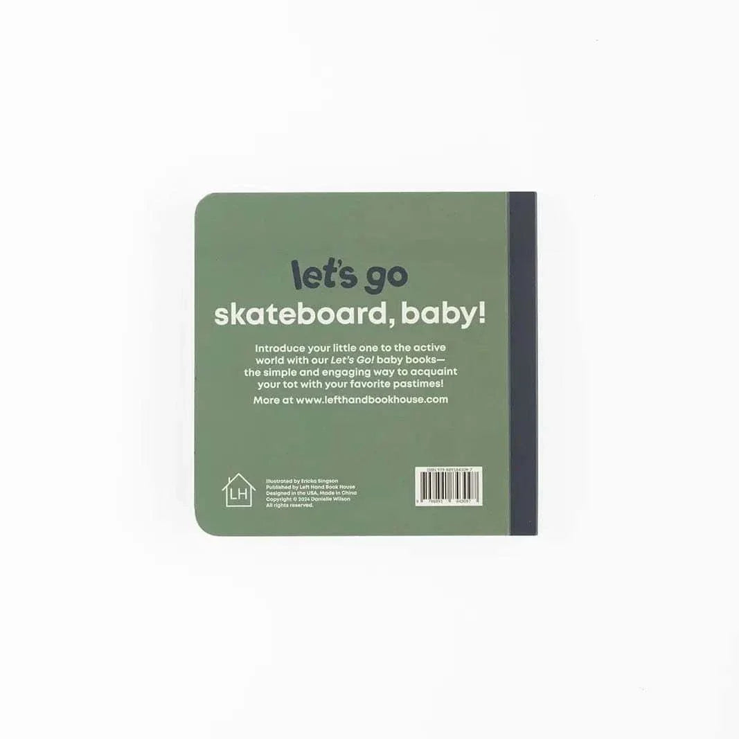 Skater Baby board book with green cover, promoting skateboarding for ages 0-4, durable triple-layered pages, matte finish.