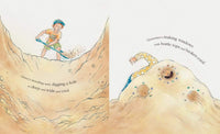 Illustration from Castle Crashing showing children digging and decorating sandcastles with bottle tops and coral.