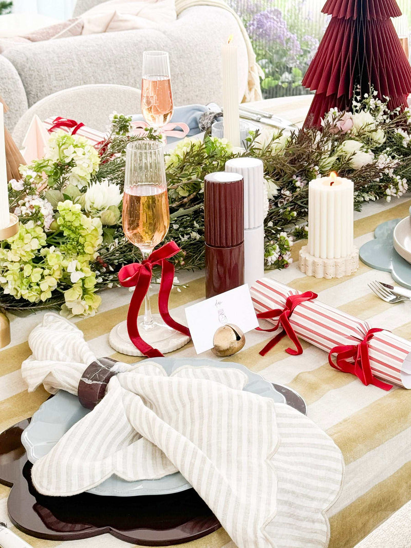 norsu Studio Linen scallop-edged oatmeal stripe napkin set of 4 on festive table setting