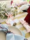 L&M Riviera Pear Grand Tablecloth hand-block printed linen cotton blend with stripe pattern on dining table setting