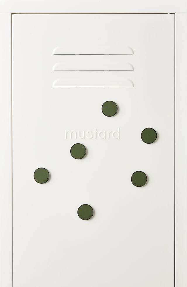Set of six olive green magnetic buttons from Mustard Made's 12 signature colours collection on white background