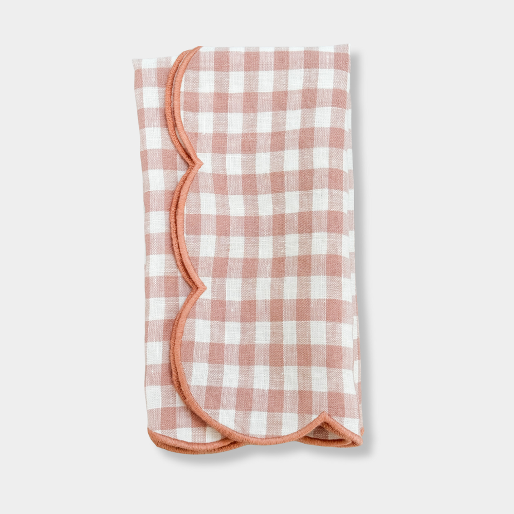 norsu Studio Linen scallop-edged blush gingham napkin set of 4