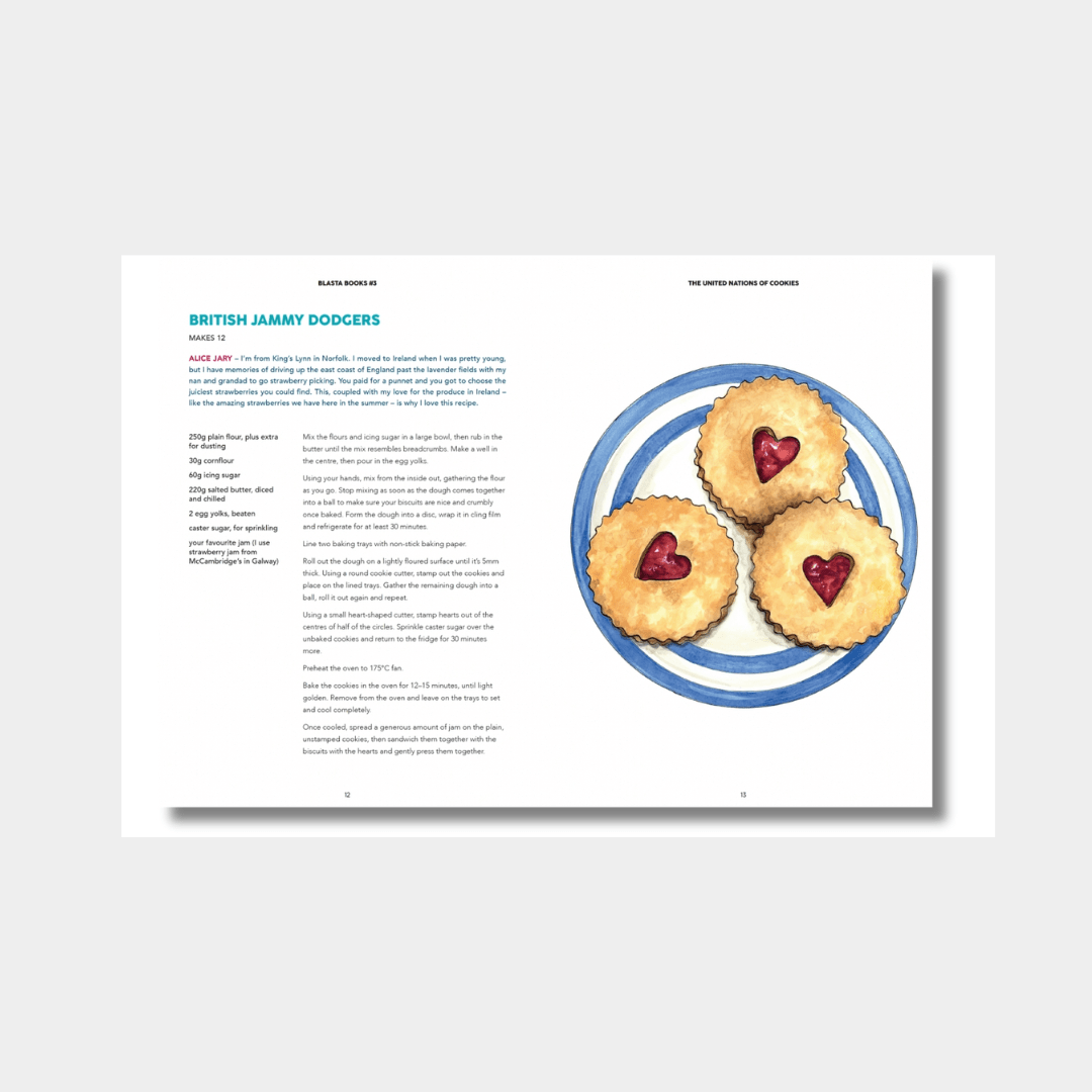 Open book spread showing British Jammy Dodgers cookie recipe with watercolor illustration of three cookies on a blue plate