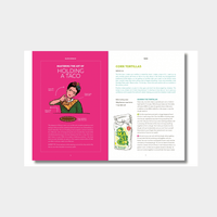 Open cookbook spread showing a colorful illustration of a woman holding a taco titled "Mastering the Art of Holding a Taco" on the left page and a recipe for making corn tortillas with an image of a masa harina bag on the right page from "Tacos By Lily Ramirez-Foran"