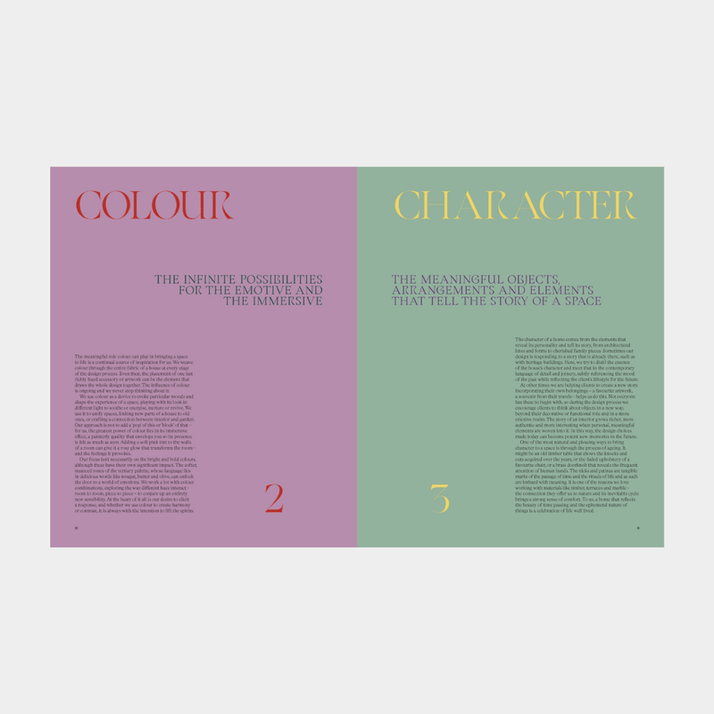 Open book spread from Arent & Pyke showcasing design concepts on colour and character with stylish typography on purple and green backgrounds