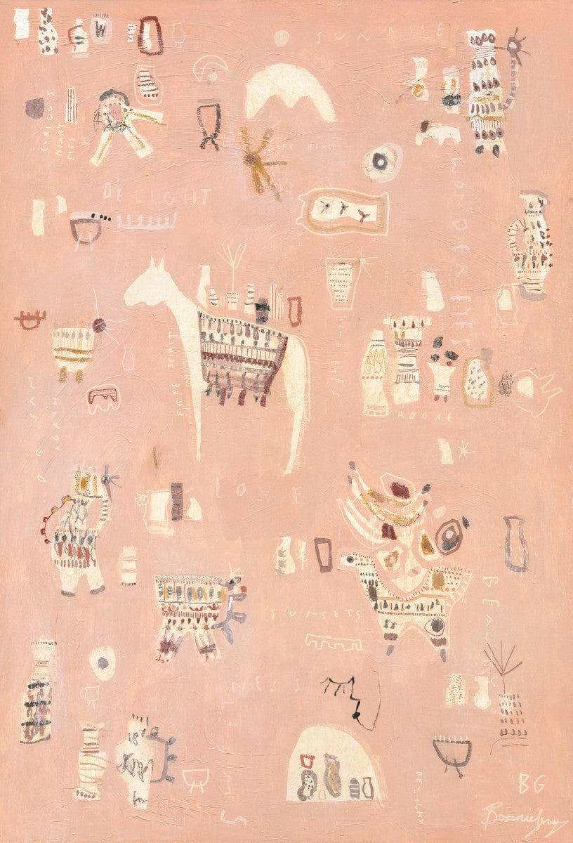 Limited edition fine art print featuring abstract figures and symbols in muted pink, cream, musk, and warm brown tones on textured cotton rag paper.