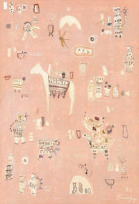 Limited edition fine art print featuring abstract figures and symbols in muted pink, cream, musk, and warm brown tones on textured cotton rag paper.
