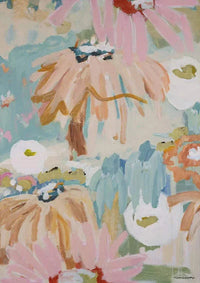 Abstract floral fine art canvas print by Marcia Priestley in soft pastel tones with pink, blue, and cream colors
