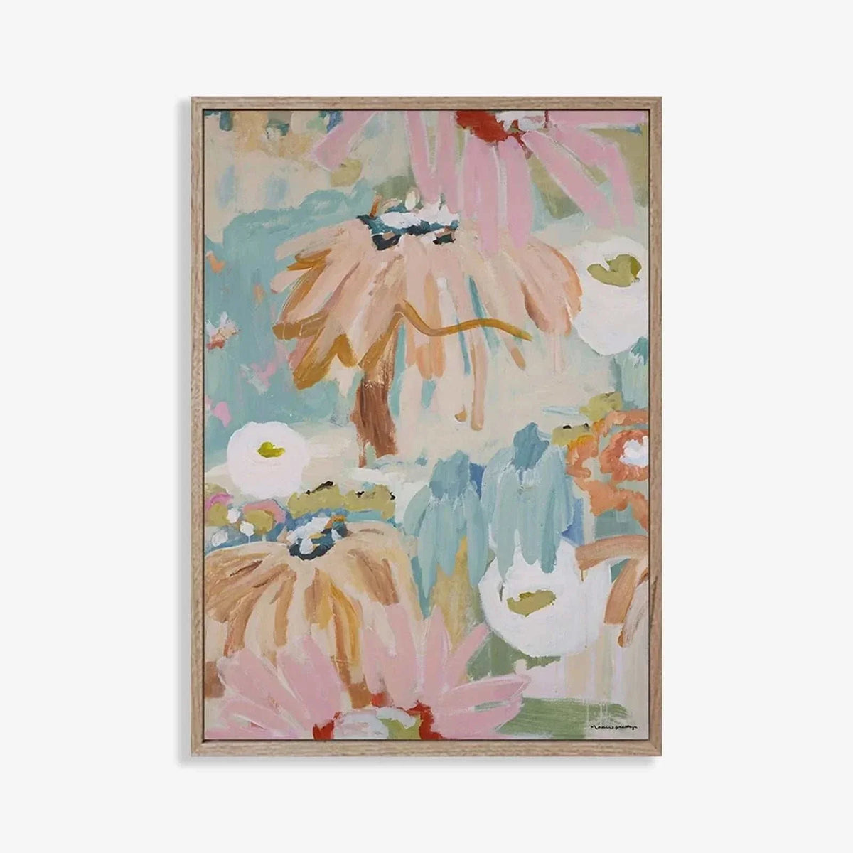 Abstract floral canvas print by Marcia Priestley in a floating oak frame, featuring soft pastel colors and organic shapes.