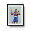Framed Dom Gauci kids art print of Bailey Smith in Western Bulldogs AFL uniform on sage green background