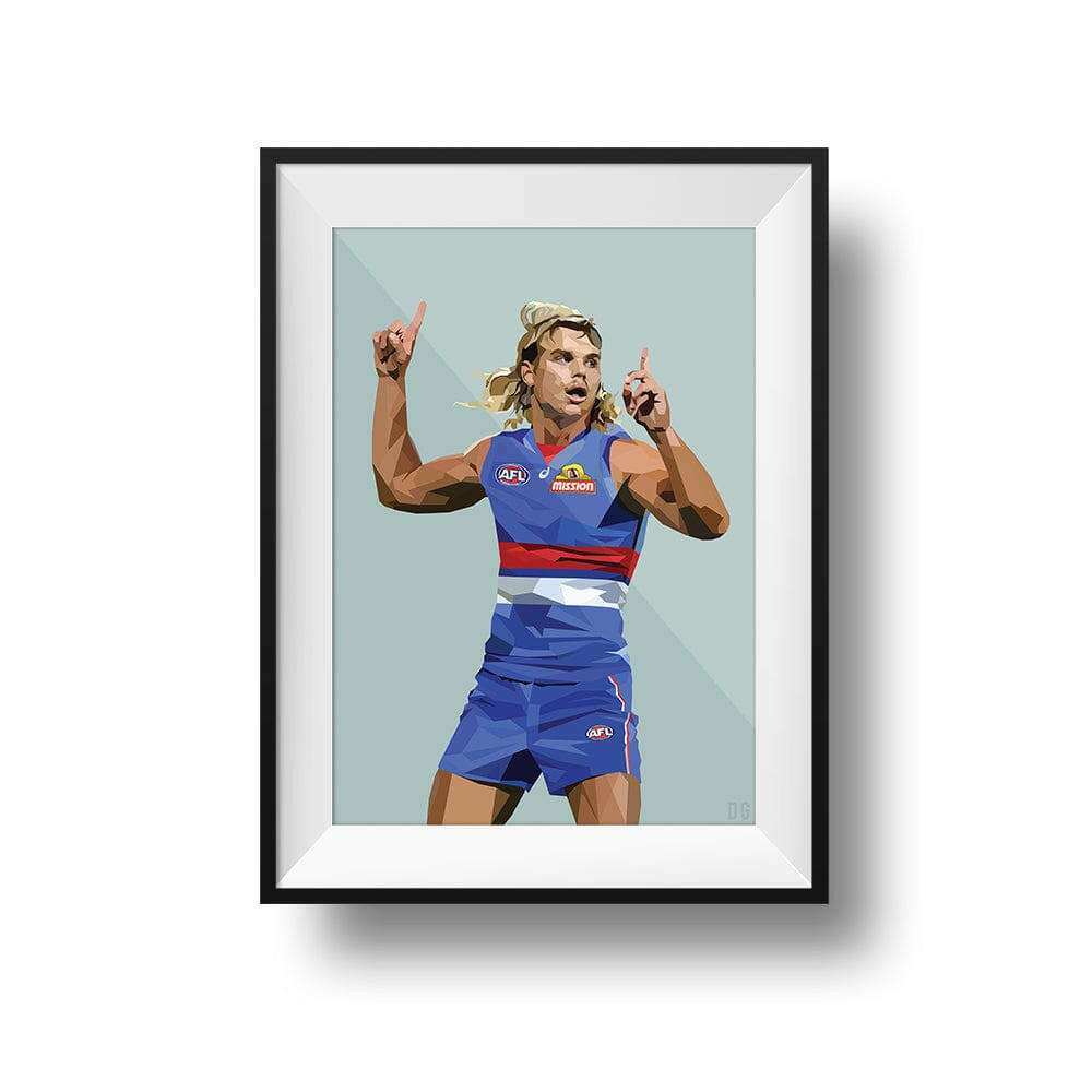 Framed Dom Gauci kids art print of Bailey Smith in Western Bulldogs AFL uniform on sage green background