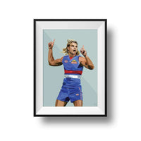 Framed Dom Gauci kids art print of Bailey Smith in Western Bulldogs AFL uniform on sage green background