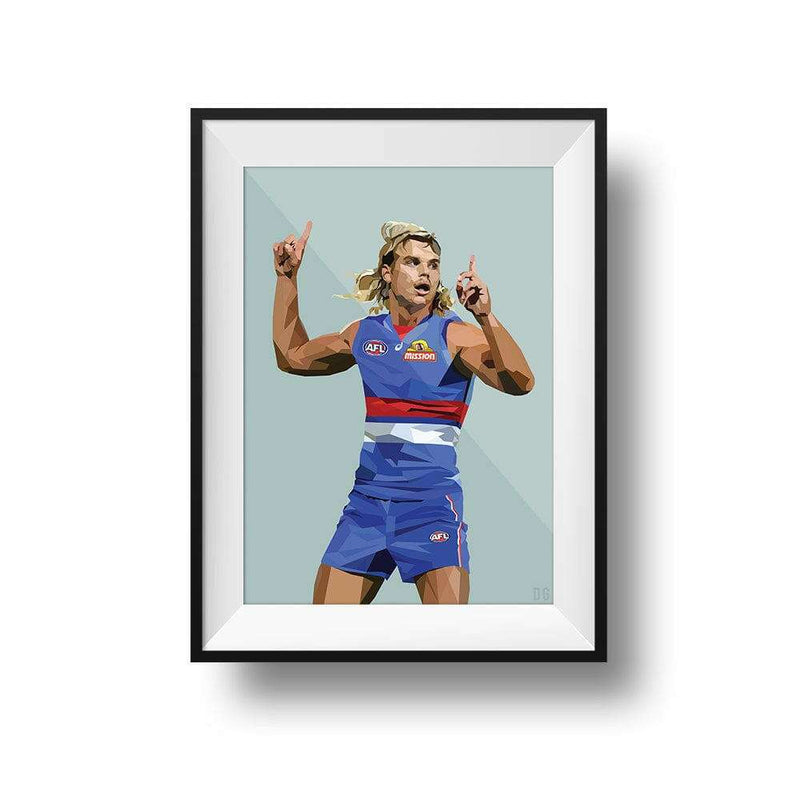 Framed Dom Gauci kids art print of Bailey Smith in Western Bulldogs AFL uniform on sage green background