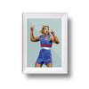 Framed Dom Gauci kids art print of AFL player Bailey Smith in Western Bulldogs uniform on sage green background