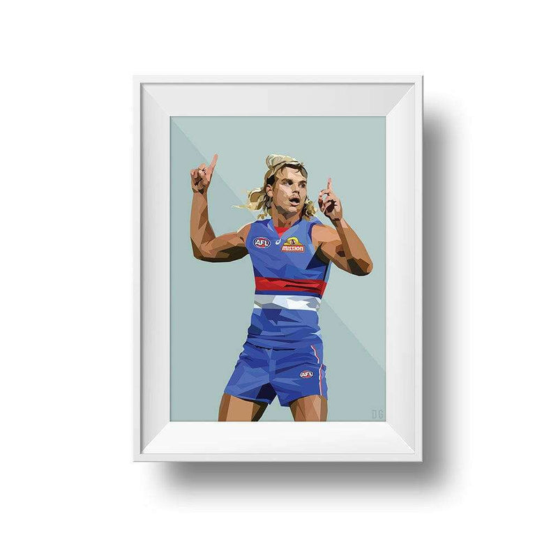 Framed Dom Gauci kids art print of AFL player Bailey Smith in Western Bulldogs uniform on sage green background