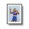 Framed Dom Gauci Kids art print of Bailey Smith in Western Bulldogs AFL football uniform on powder blue background