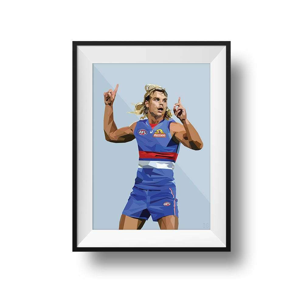 Framed Dom Gauci Kids art print of Bailey Smith in Western Bulldogs AFL football uniform on powder blue background