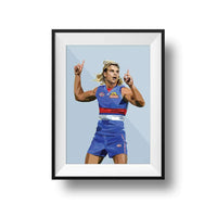 Framed Dom Gauci Kids art print of Bailey Smith in Western Bulldogs AFL football uniform on powder blue background