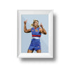 Framed Dom Gauci kids art print of Bailey Smith in Western Bulldogs AFL football uniform on powder blue background
