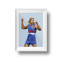 Framed Dom Gauci kids art print of Bailey Smith in Western Bulldogs AFL football uniform on powder blue background