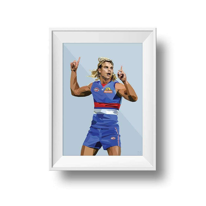 Framed Dom Gauci kids art print of Bailey Smith in Western Bulldogs AFL football uniform on powder blue background