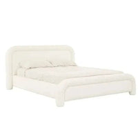 Ivory boucle upholstered GlobeWest Almos Chubby King bed with sculptural curved frame and fully upholstered legs.