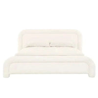 King size GlobeWest Almos Chubby Bed in ivory boucle fabric with sculptural curves and fully upholstered design.